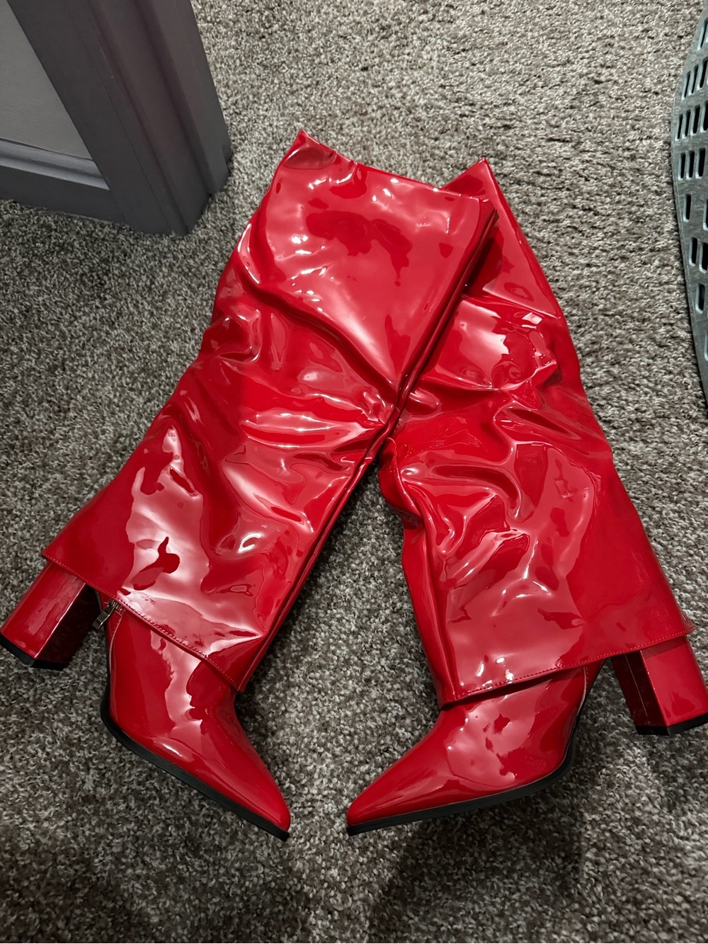 Red Patent Knee-High Block Heel Boots - Women's Fashion Boots